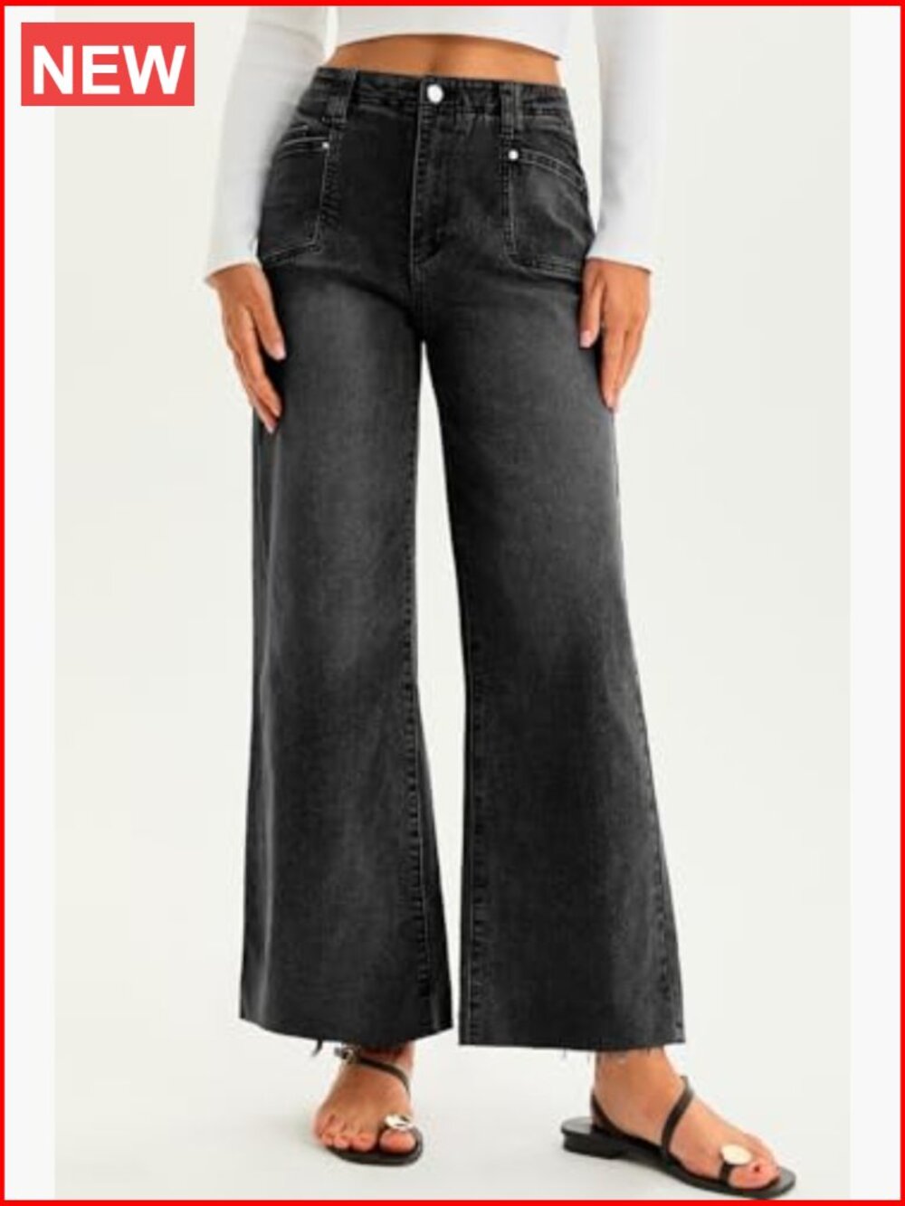 High Waisted Cropped Jeans Baggy Straight Leg Raw Hem Stretchy Capri Denim Pants - Picture 6 of 7
